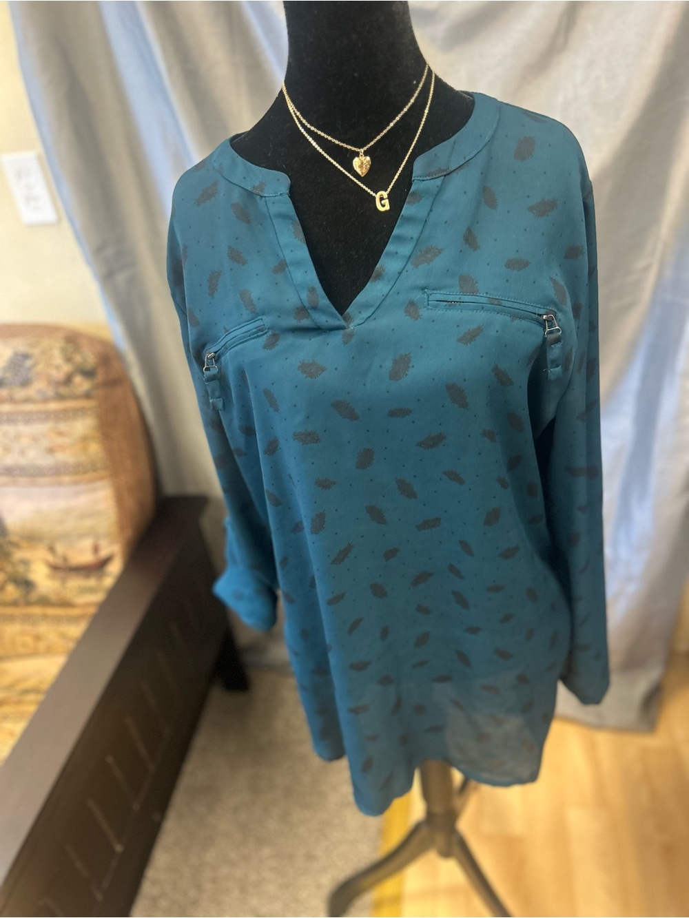 Maurices Teal Printed V-Neck Tunic Blouse-Large